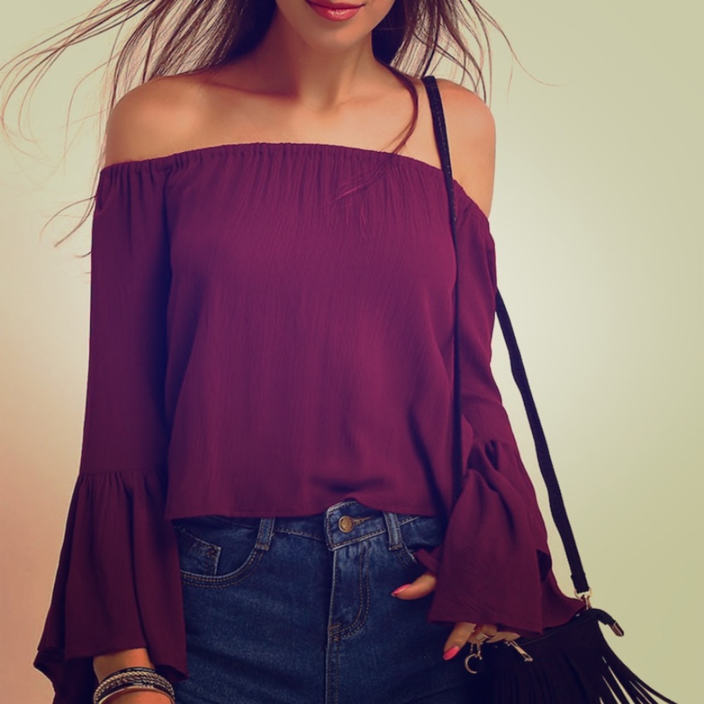 💕Wine Flounce Sleeve Crop Blouse 💕